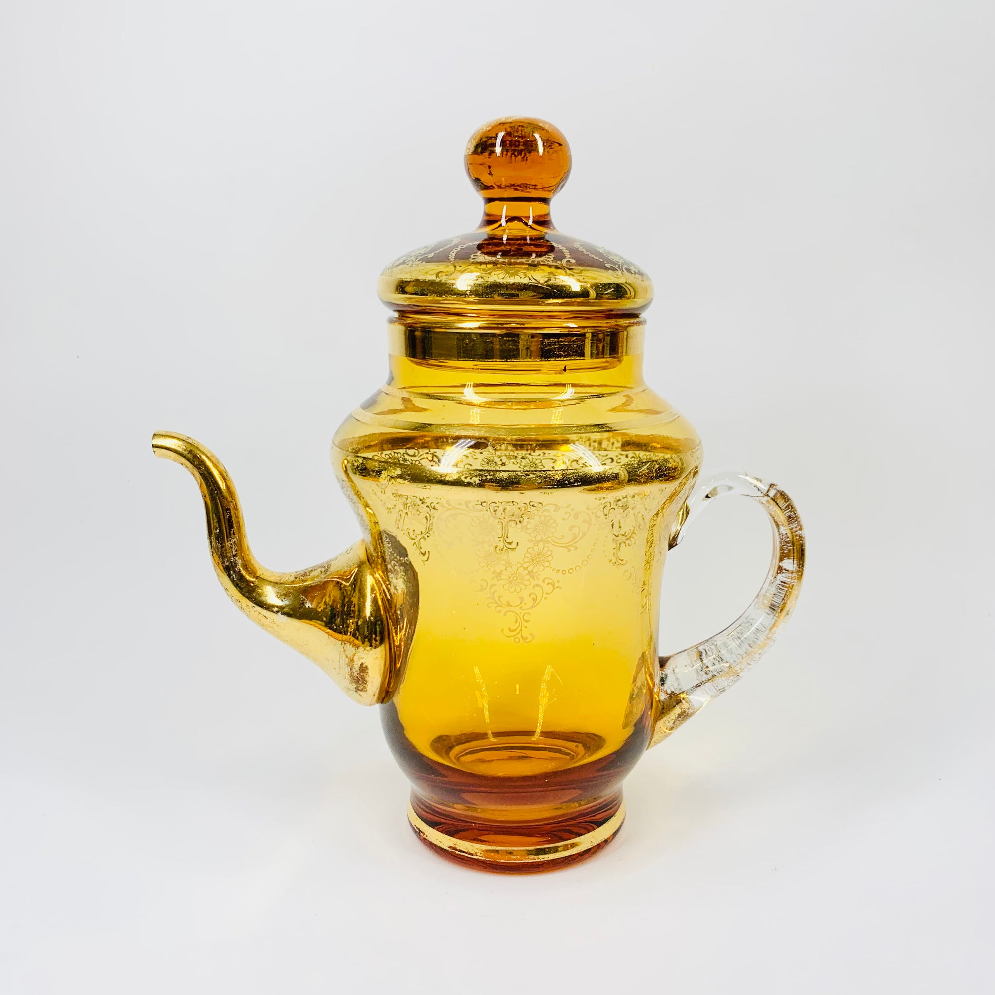 Antique Bohemian amber glass tea set with gold gilding