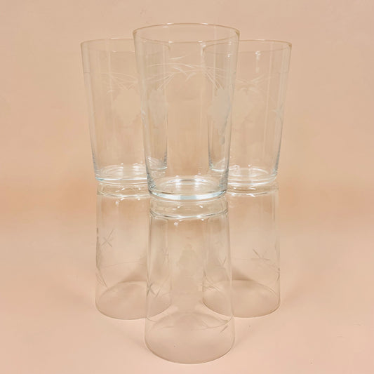 1940s hand etched vine pattern glass water tumblers
