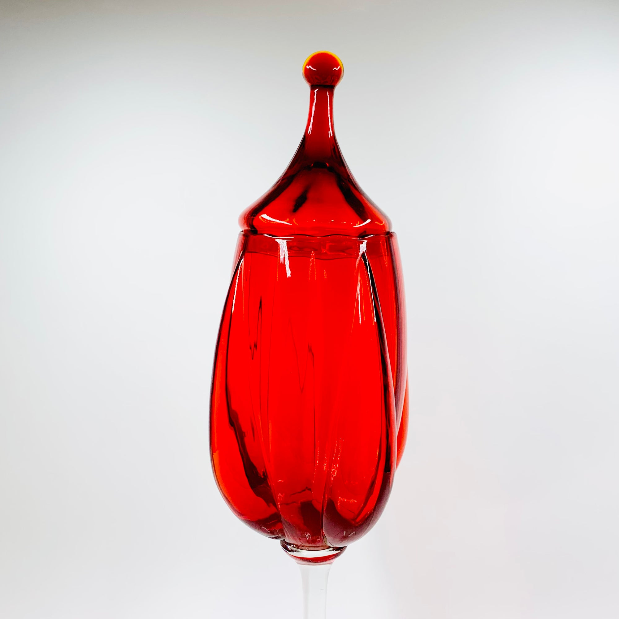 Extremely rare tall Midcentury Italian red glass footed canister/candy jar