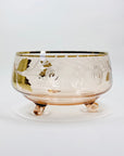 Midcentury pink gold gilded glass serving bowl with strawberry pattern