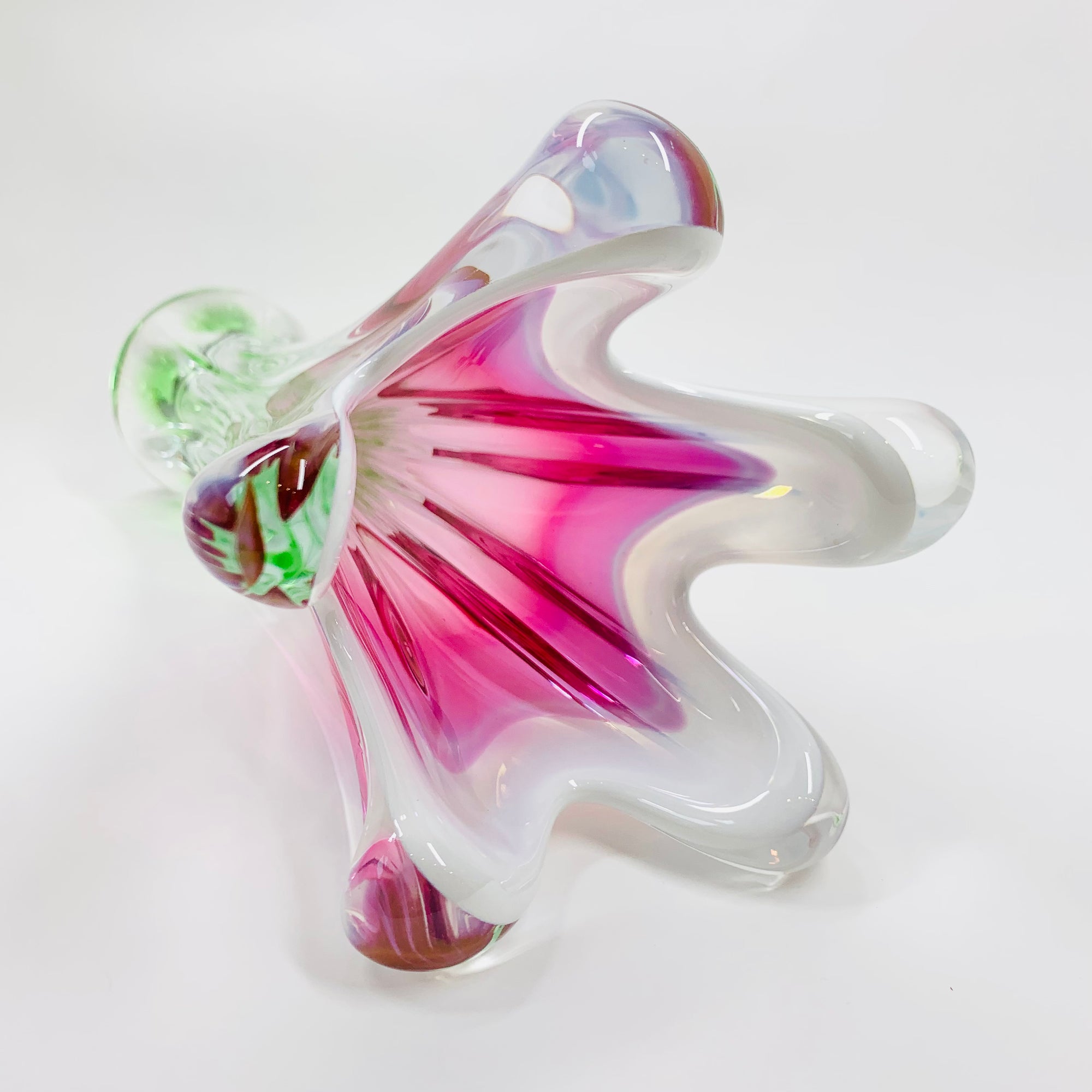 Rare Midcentury large Czech Skrdlovice swung pink green white sommerso glass vase