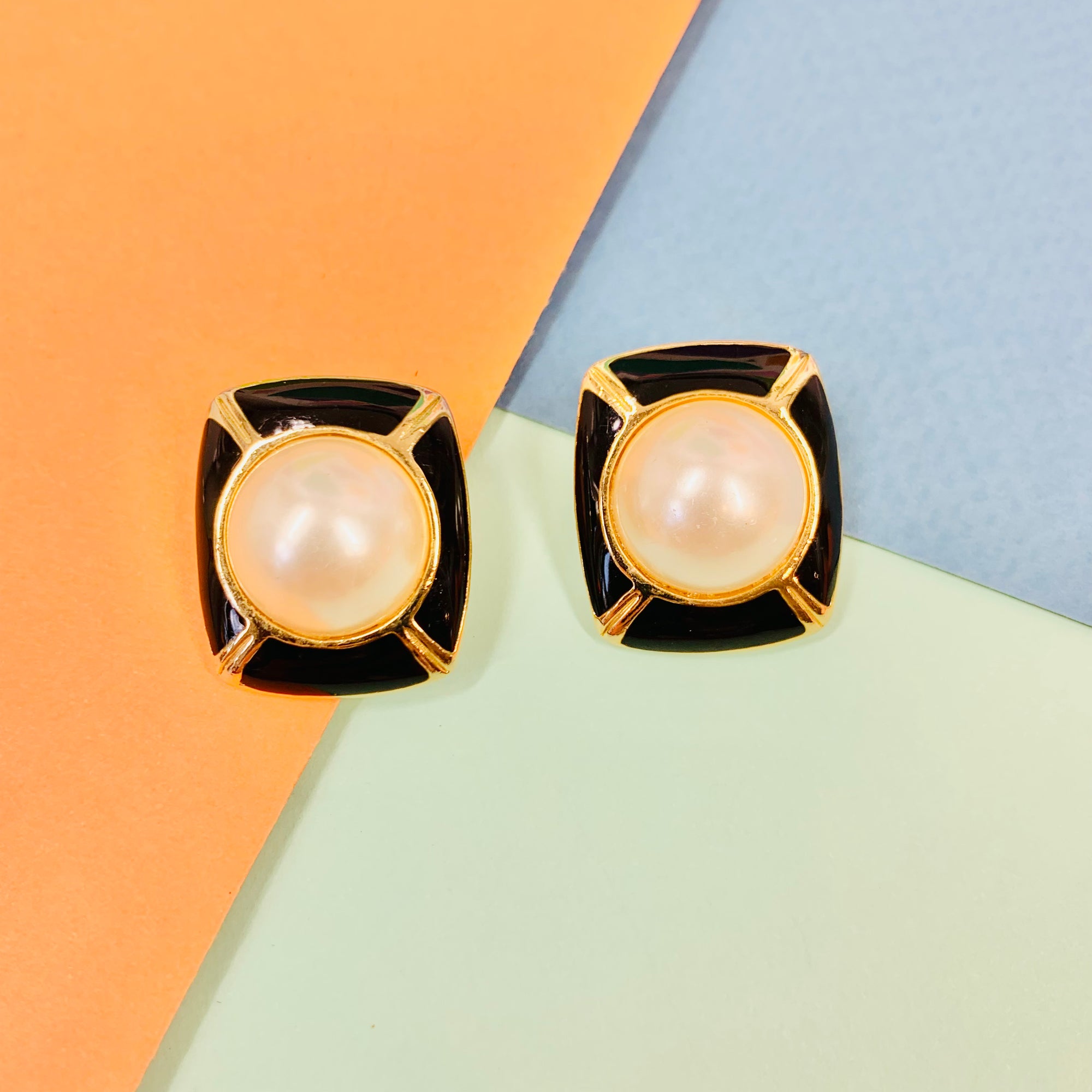 Extremely rare stunning 1960s gold plated clip on black enamel and pearl rectangular button earrings