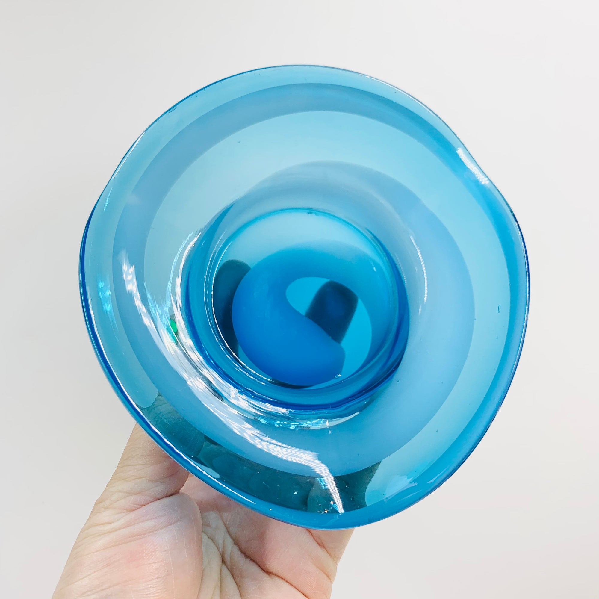 Midcentury hand made Swedish blue glass with white swirl bowl