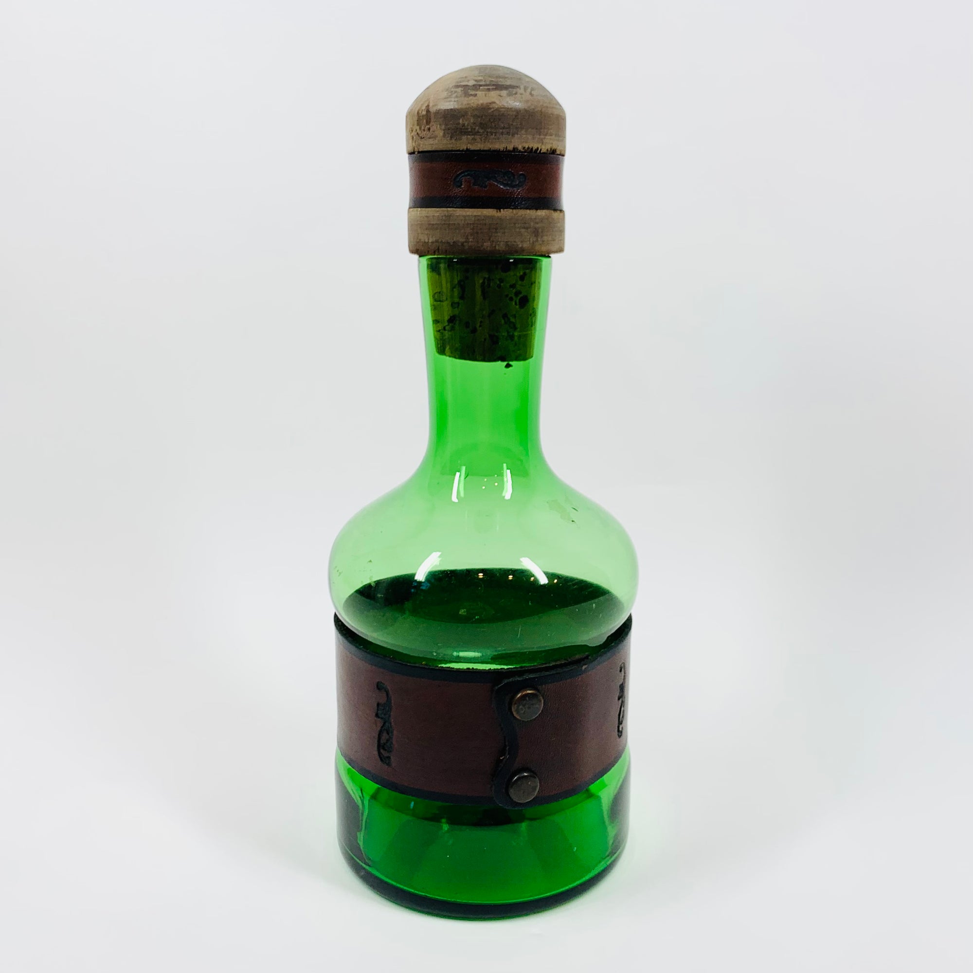 Rare Midcentury Italian green glass set with detachable leather sleeves