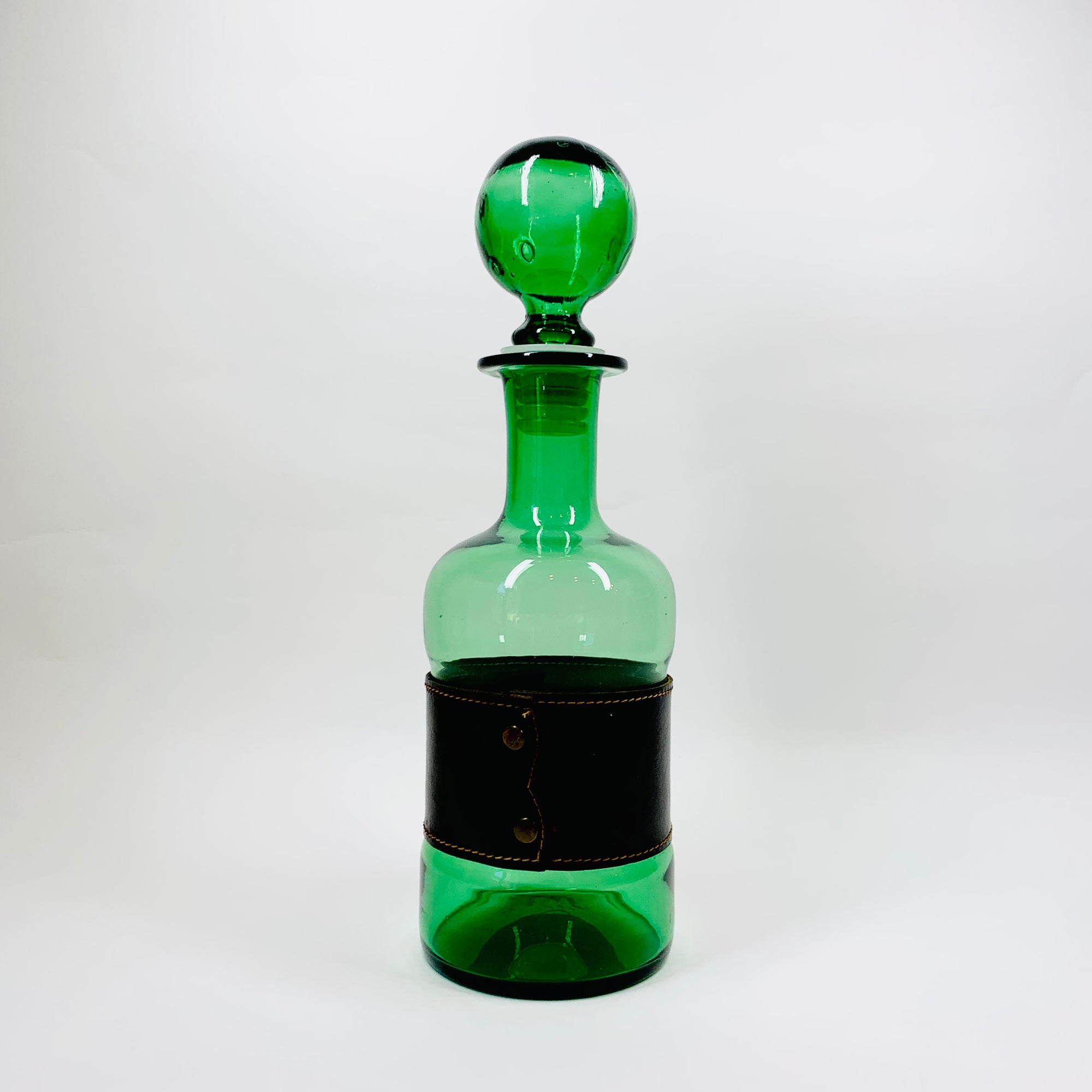 Rare Midcentury Italian green glass set with detachable leather sleeves