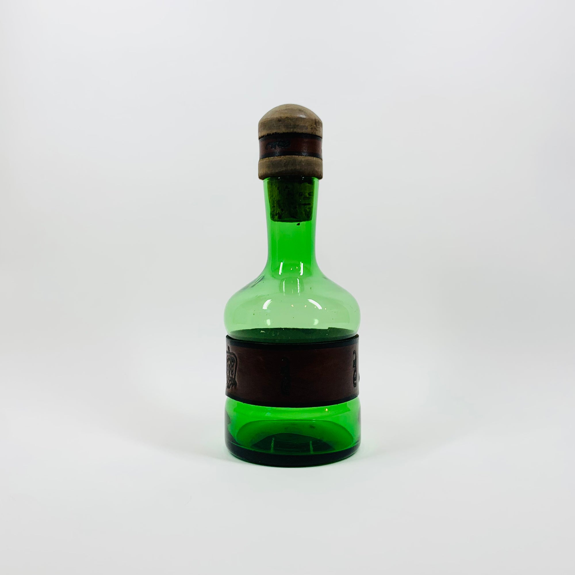 Rare Midcentury Italian green glass set with detachable leather sleeves