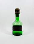 Rare Midcentury Italian green decanter glass set with detachable leather sleeves