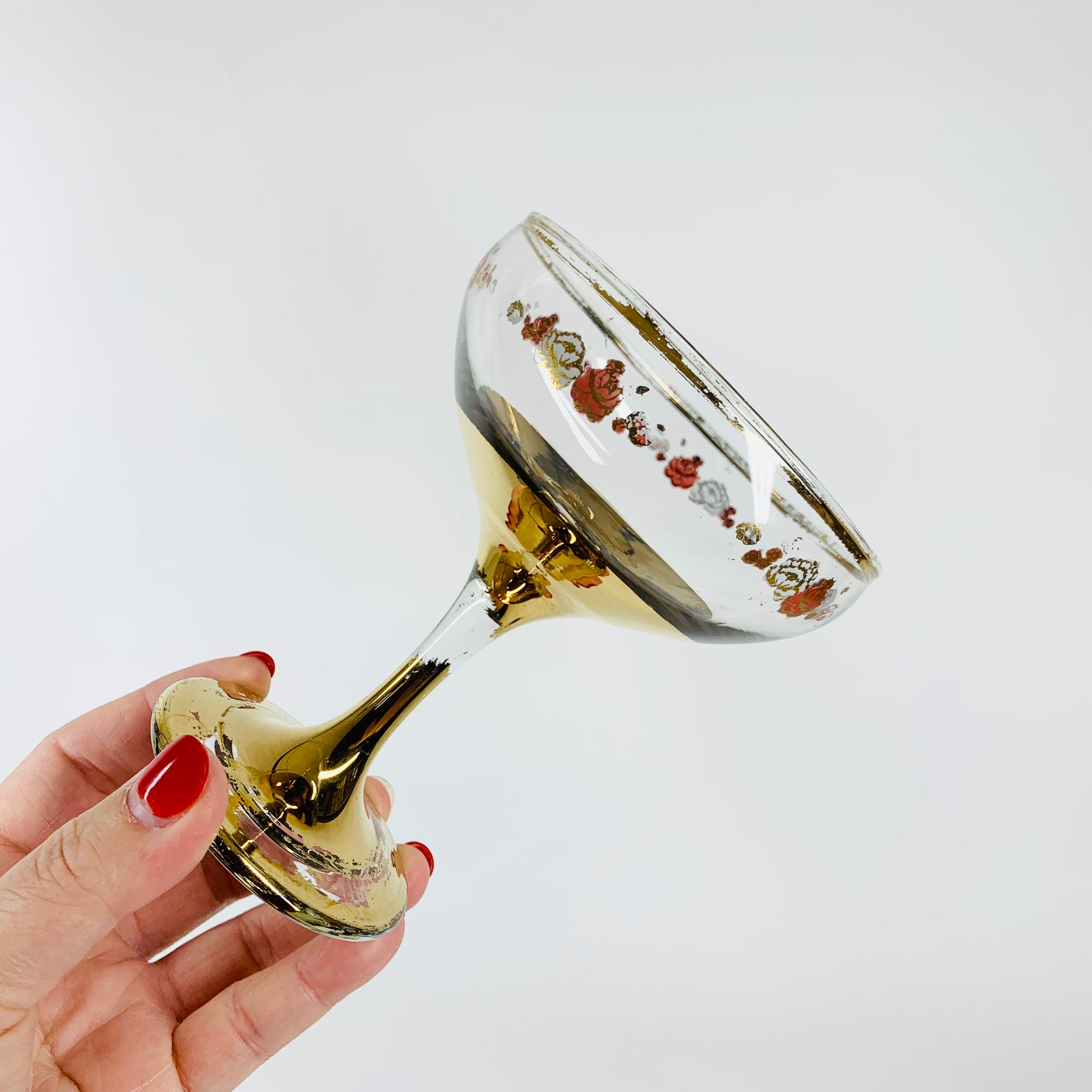 1940s GOLD GILDED ROSE PATTERN GLASS COUPE