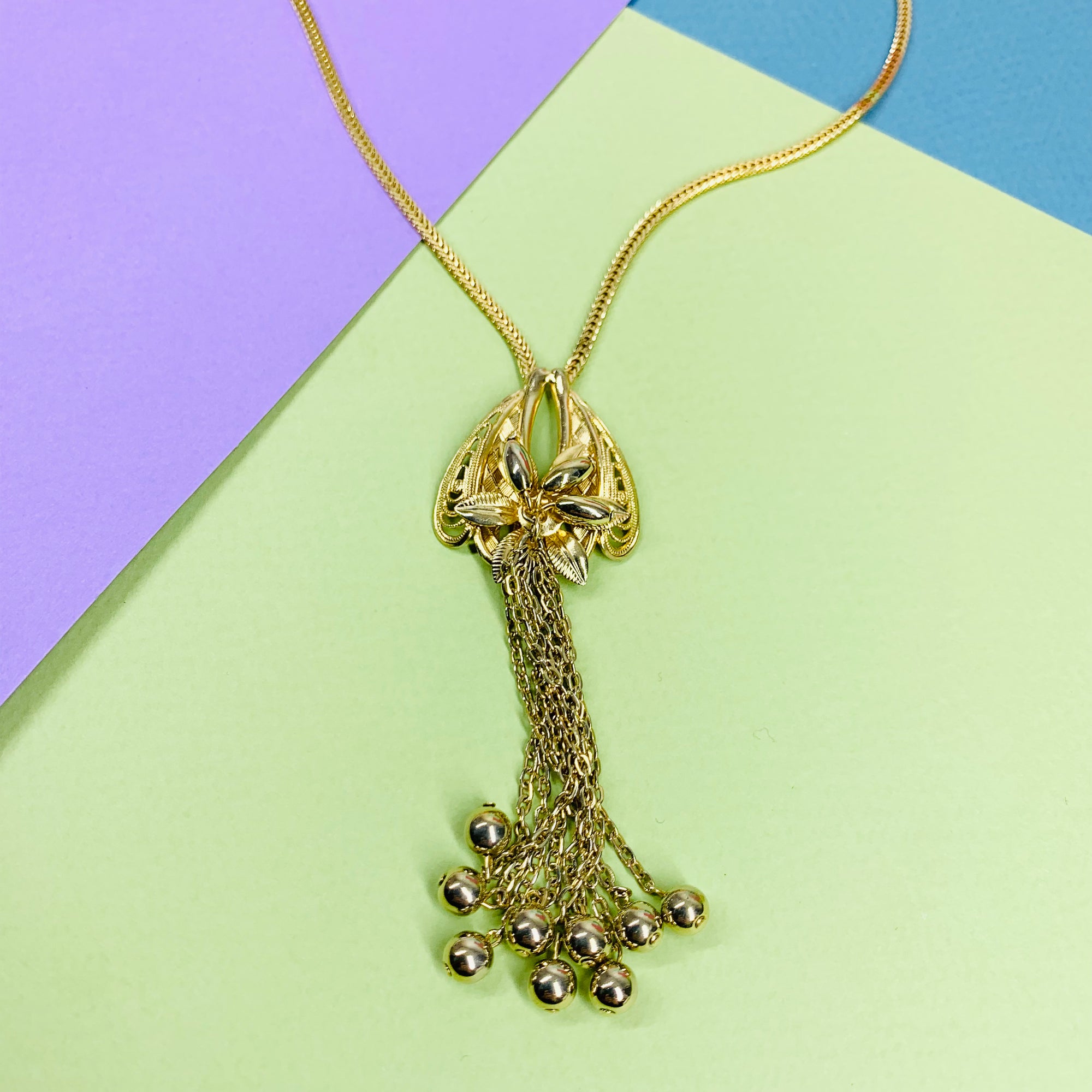 Rare 1970s Anson American triple plated gold necklace with floral tassel pendant