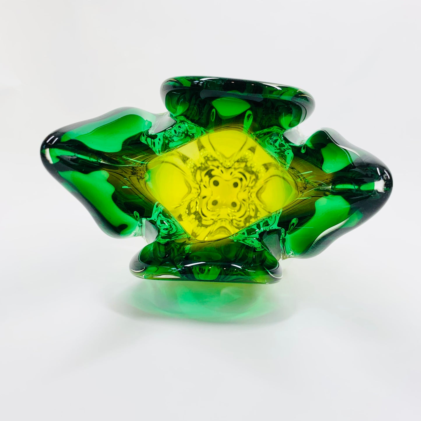 Extremely rare Midcentury Czech Chribska Glassworks green & yellow sommerso glass Cat’s Head vase by Josef Hospodka