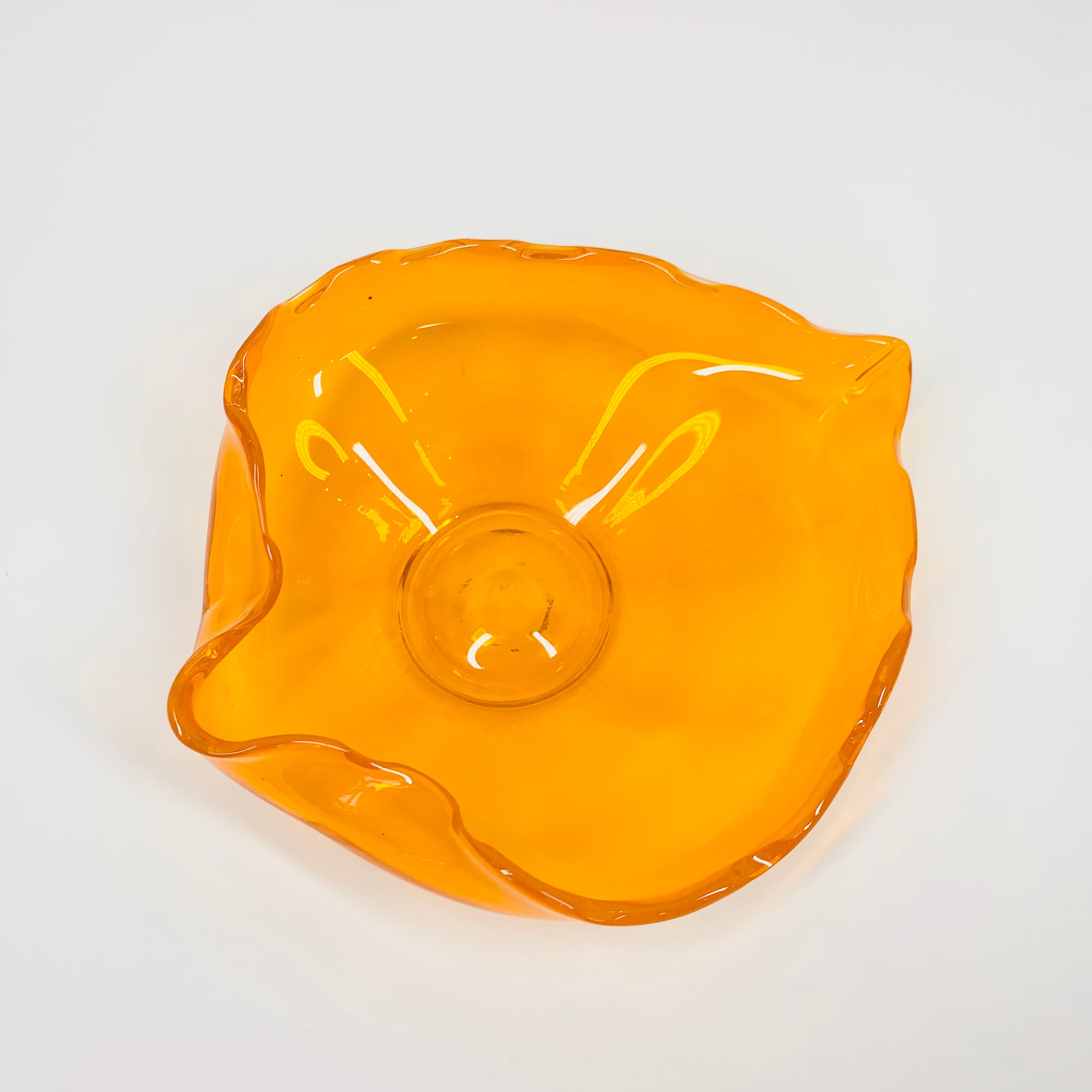 1970s JAPANESE MANDARIN ORANGE GLASS PINCHED BOWL