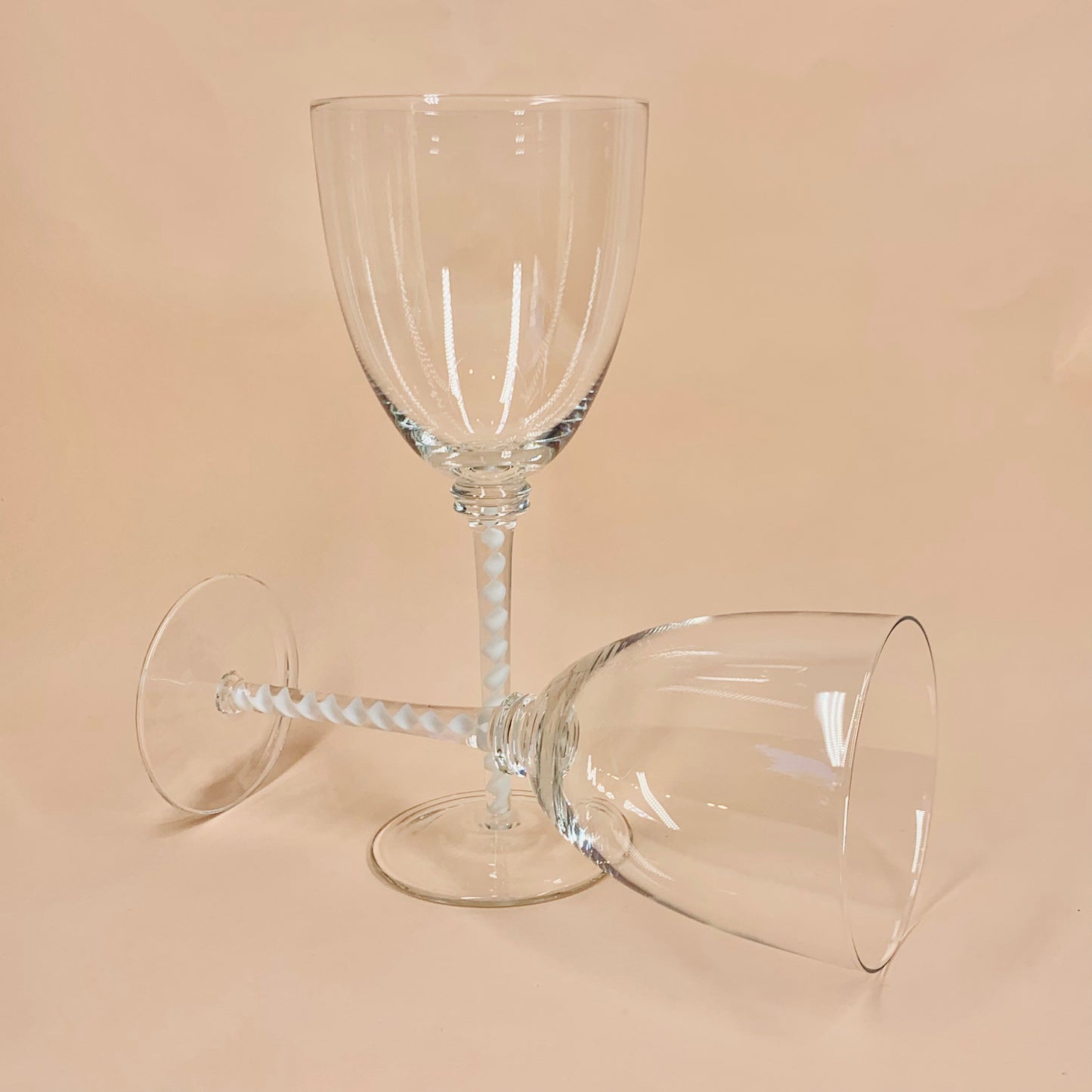 Rare hand made vintage white ribbon twist stem wine glasses