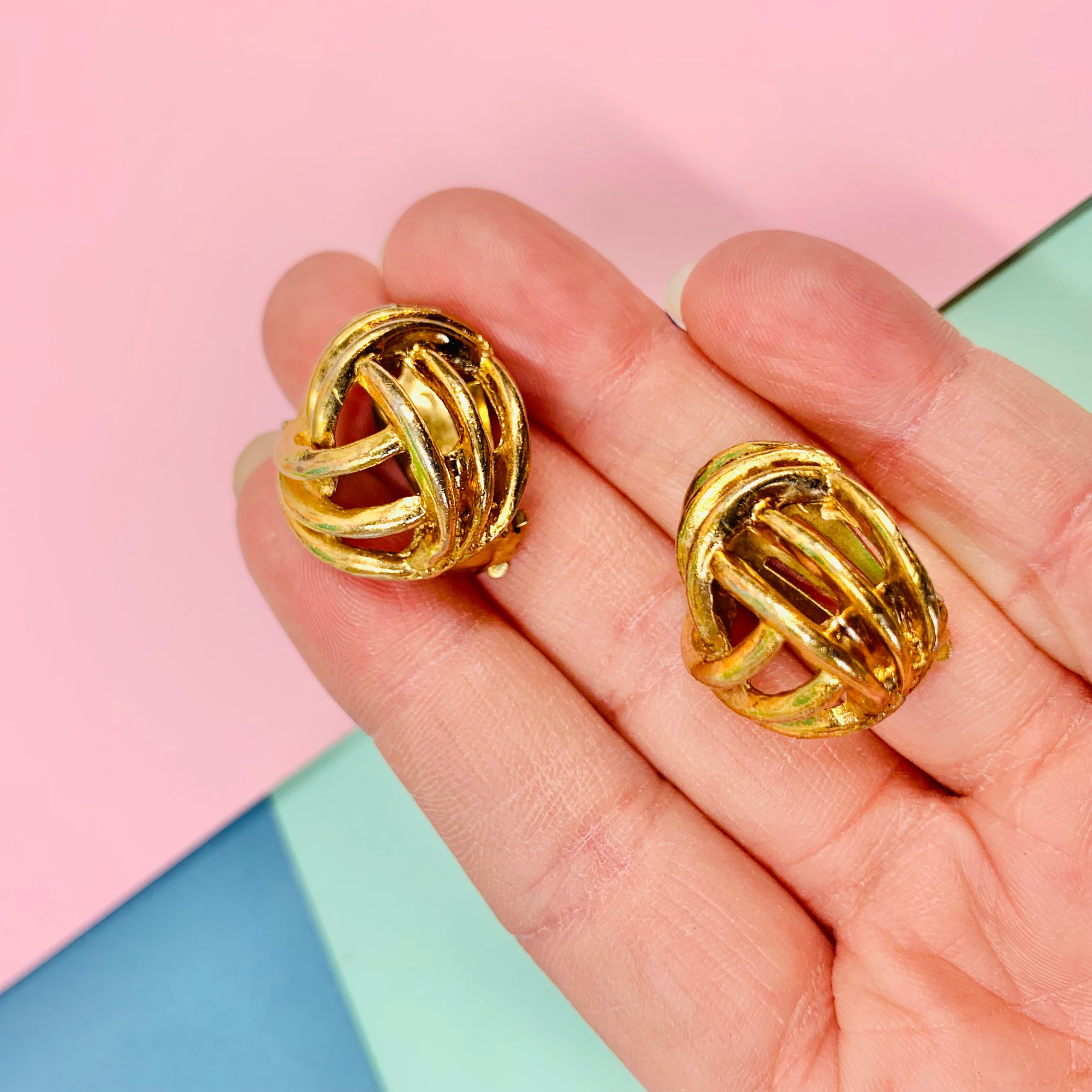 Rare 1960s French triple gold plated knot clip on earrings