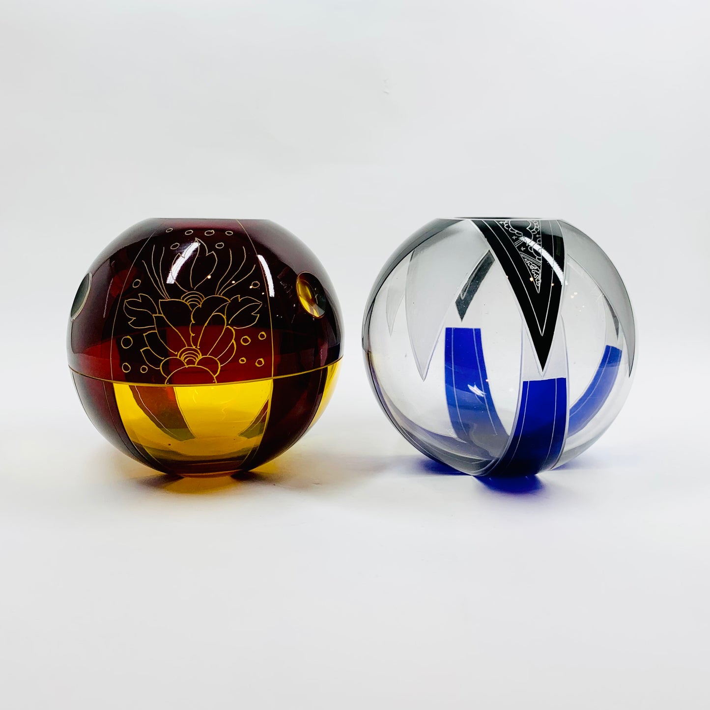 Antique Art Deco black and cobalt blue enamel globe glass posy vase by Karl Palda