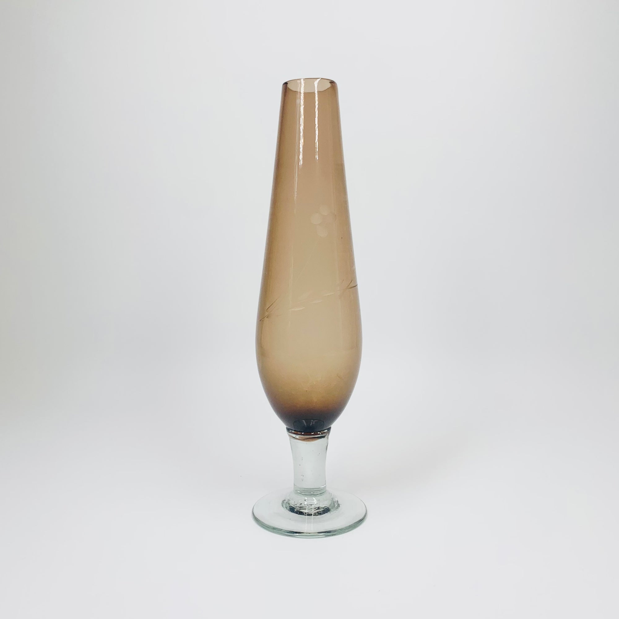 1940s hand etched brown glass posy vase with clear stem