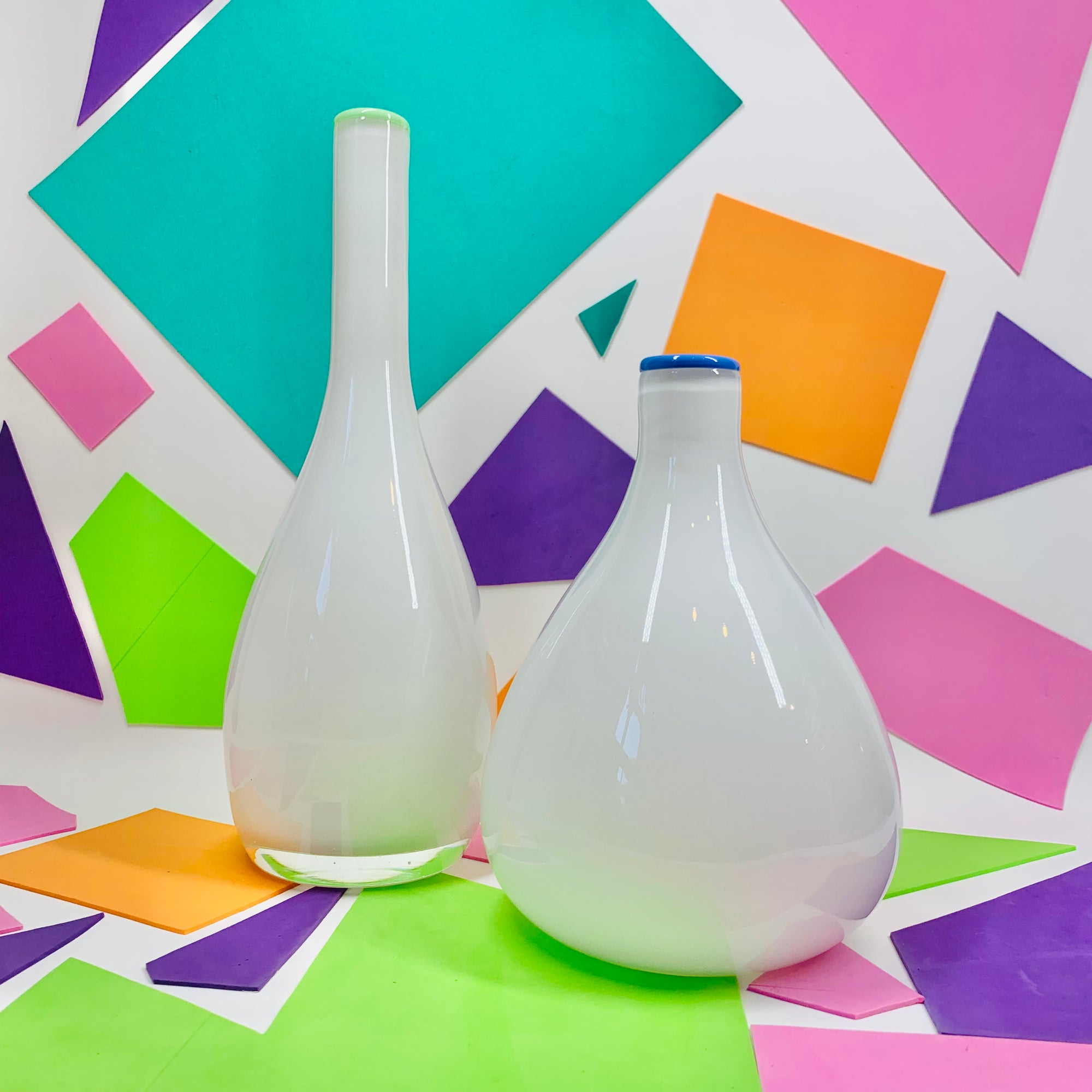 1980s cased white bottle vase with blue rim