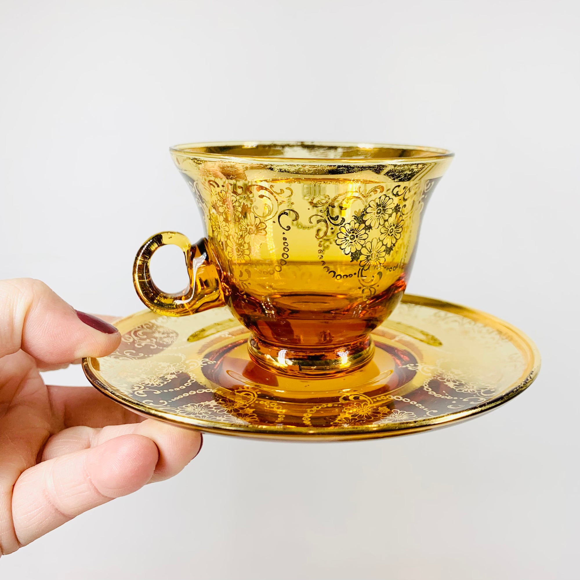 Antique Bohemian amber glass tea set with gold gilding