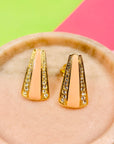 Rare stunning 1960s gold plated clip on salmon pink enamel & clear rhinestones earrings