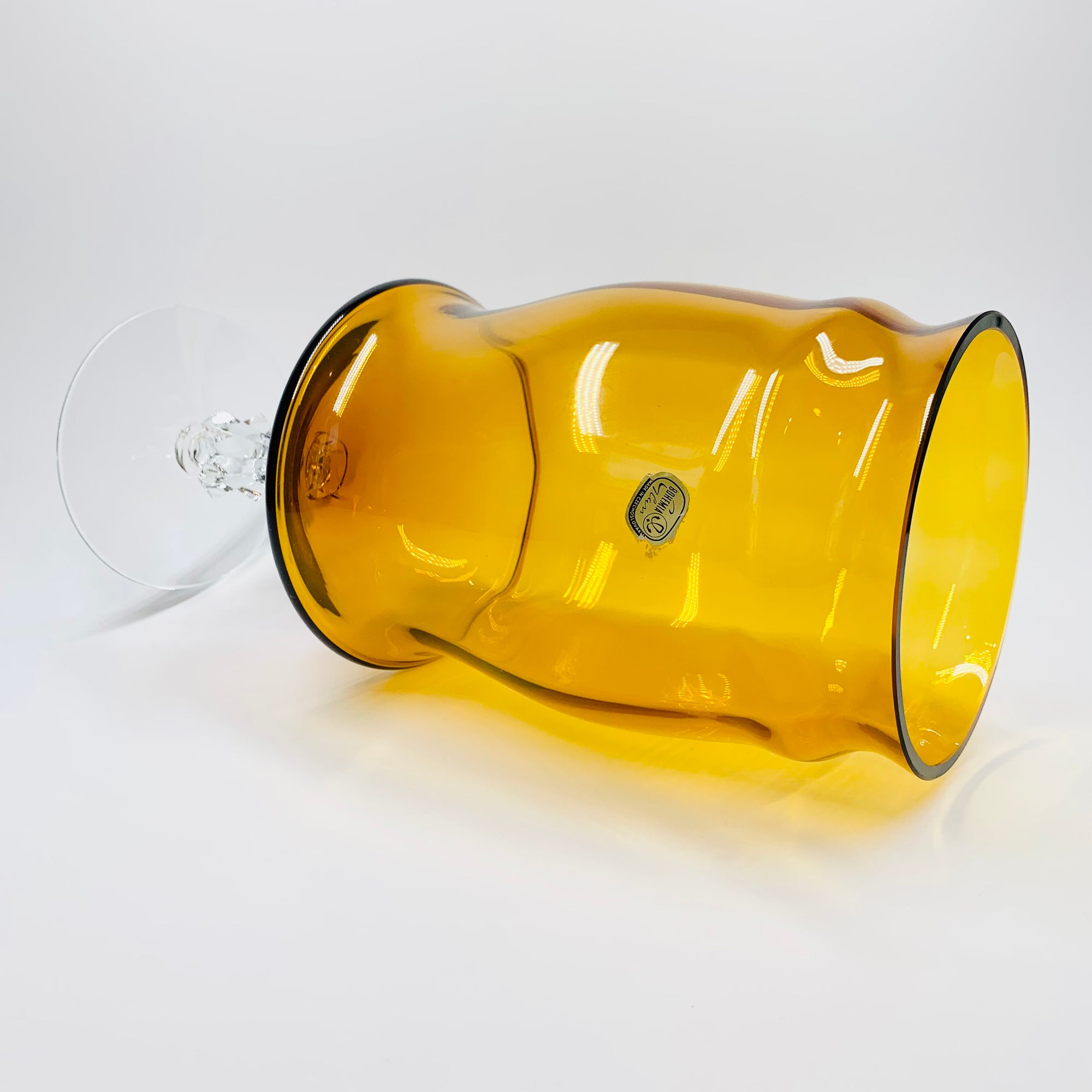 Rare large Midcentury Bohemian amber glass footed vase