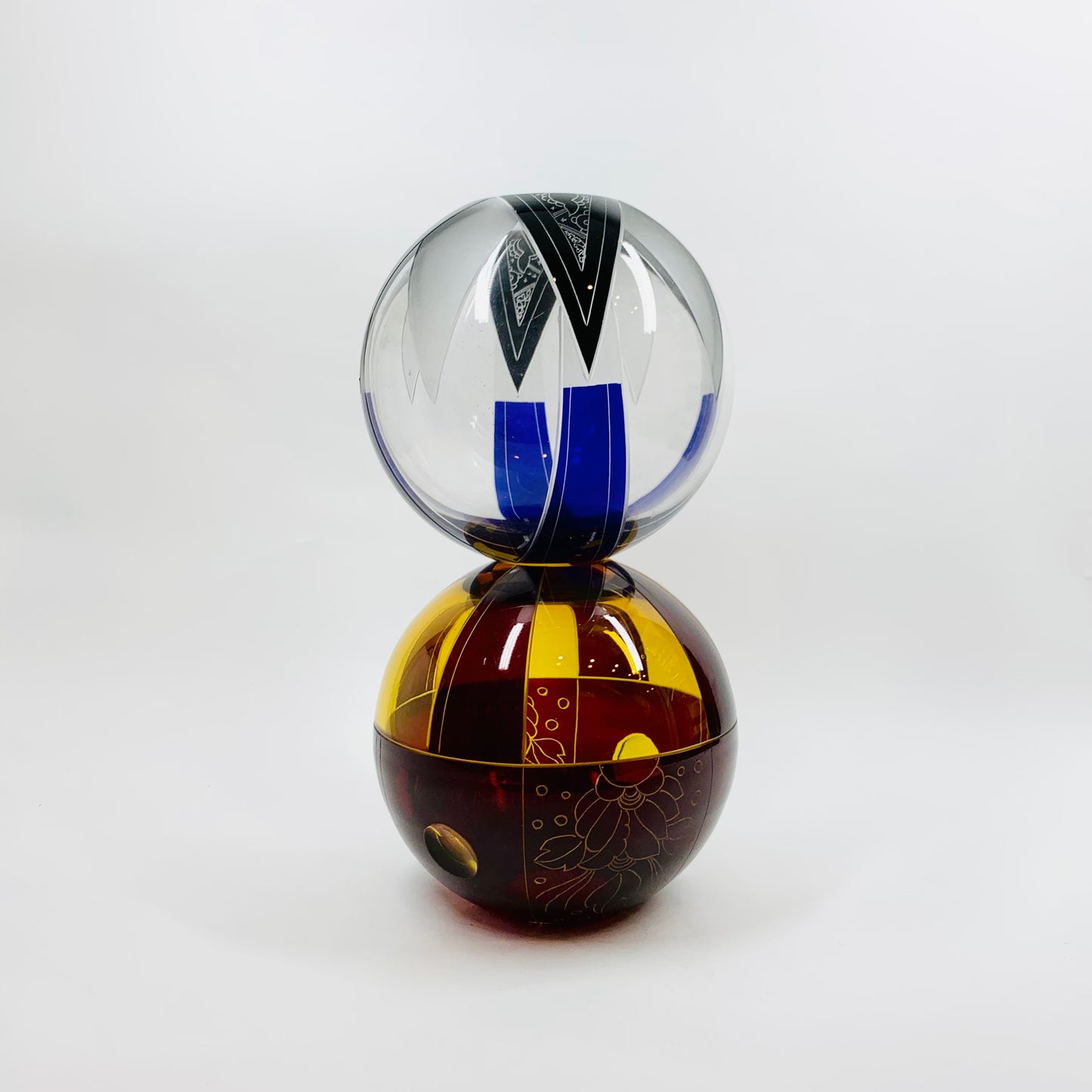Antique Art Deco black and cobalt blue enamel globe glass posy vase by Karl Palda