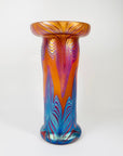 Mouth blown peacock orange and blue iridescent Art Nouveau style glass vase