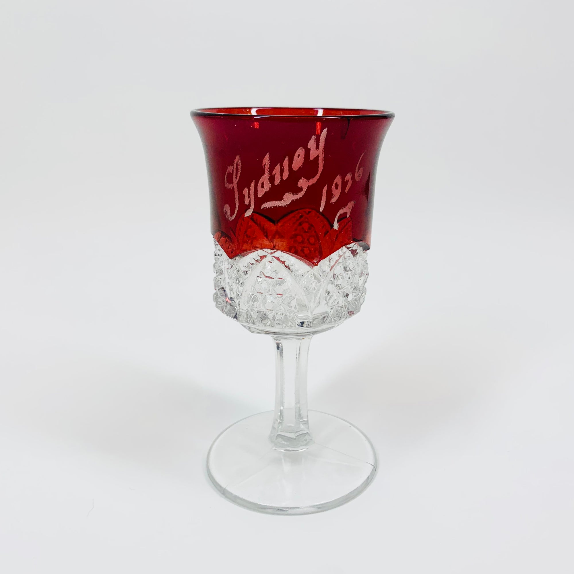 Antique ruby flashed glass with engraving