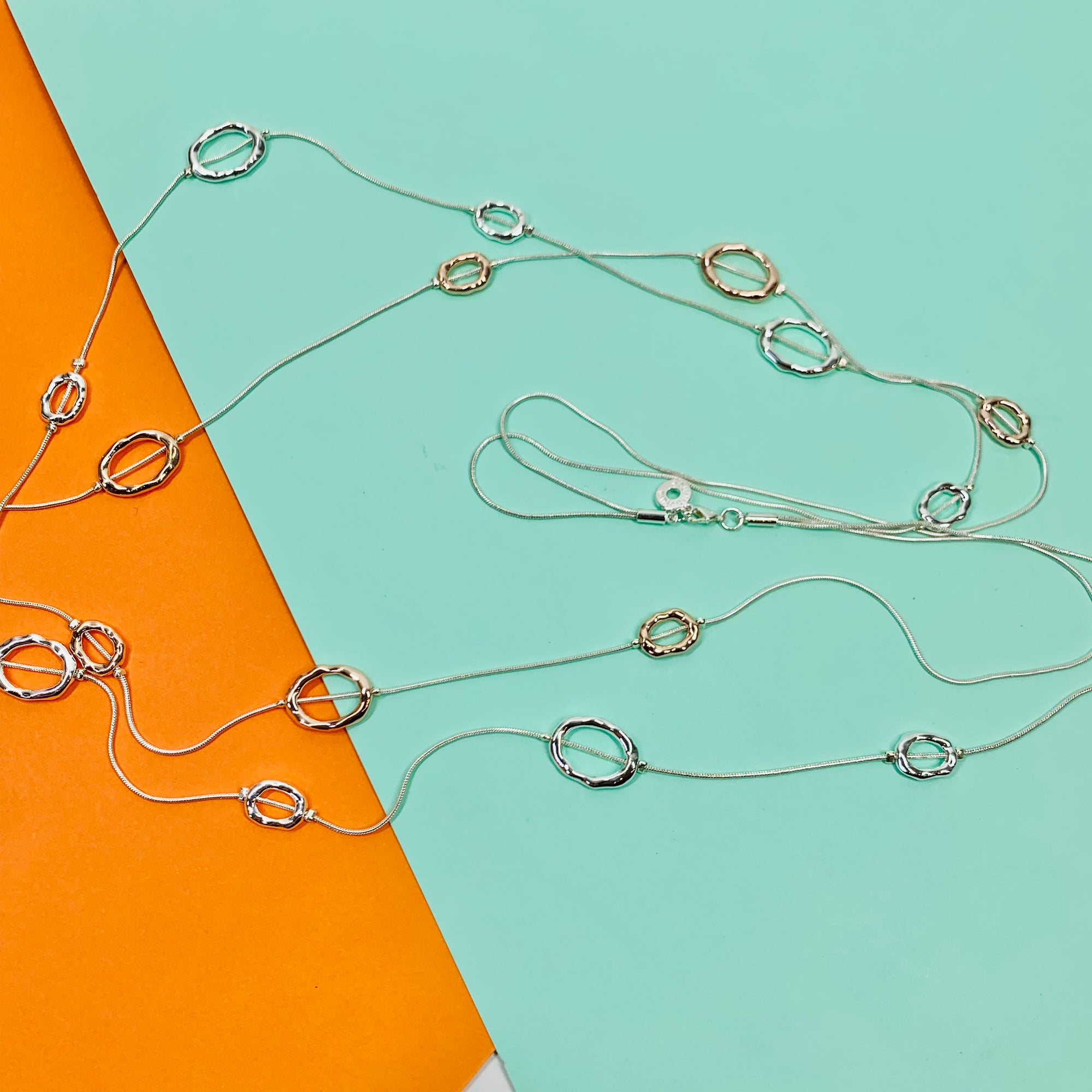 Vintage two tone silver plated double strands string necklace with circular loops