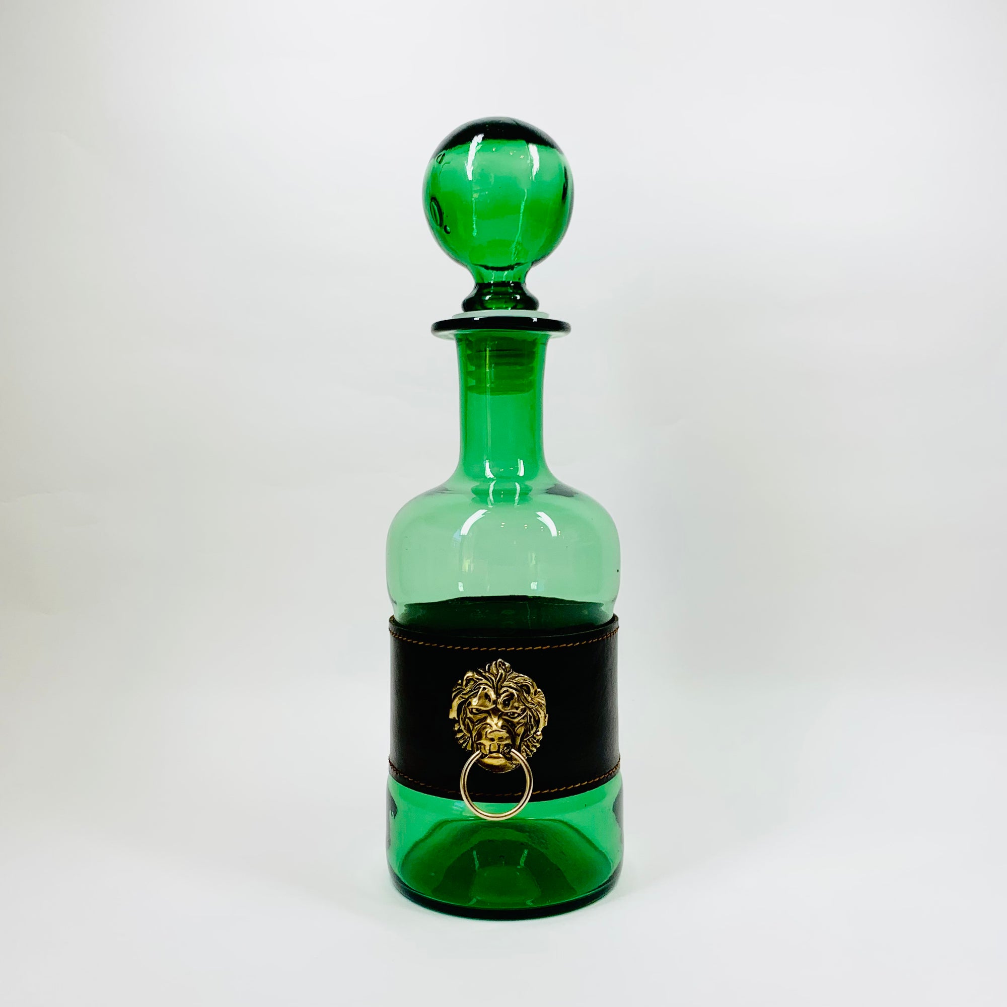 Rare Midcentury Italian green glass set with detachable leather sleeves