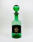 Rare Midcentury Italian green decanter glass set with detachable leather sleeves