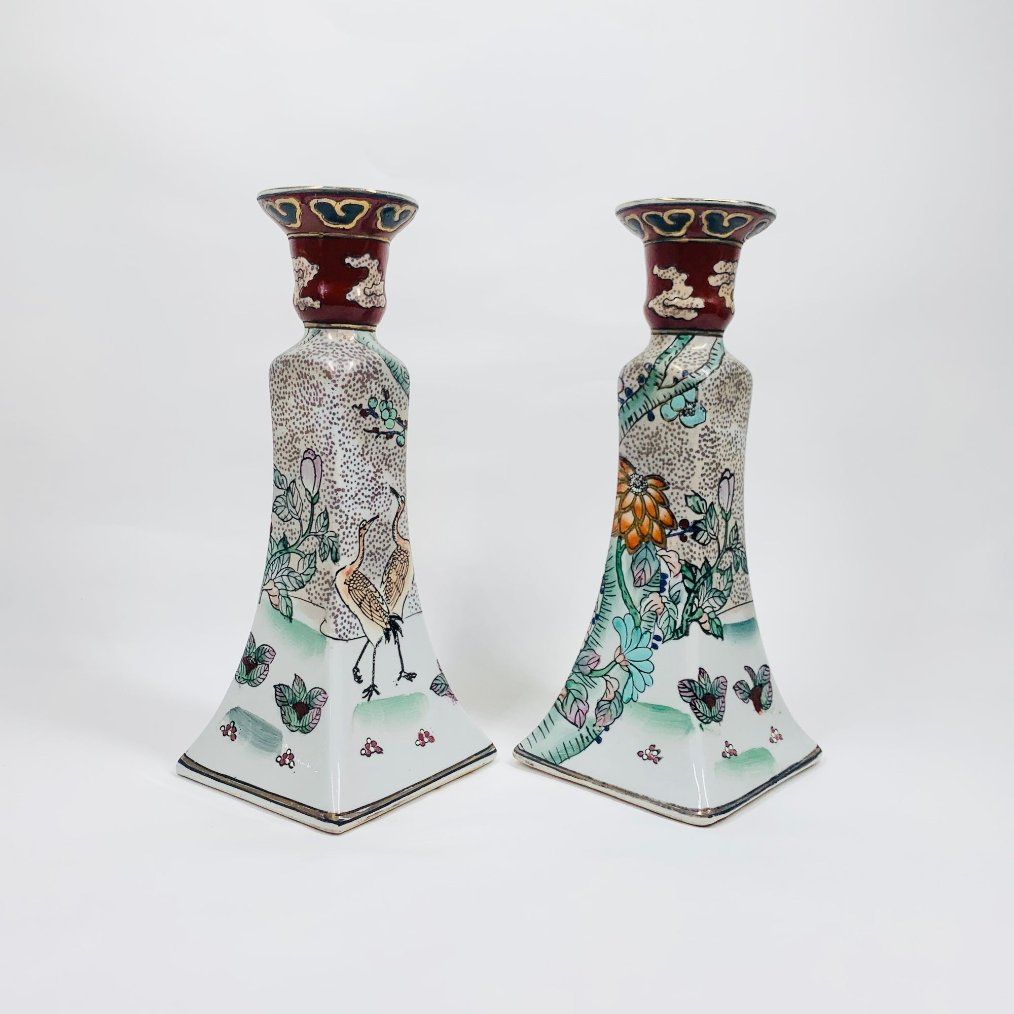 Extremely rare antique pair of Chinese hand painted porcelain candle holders