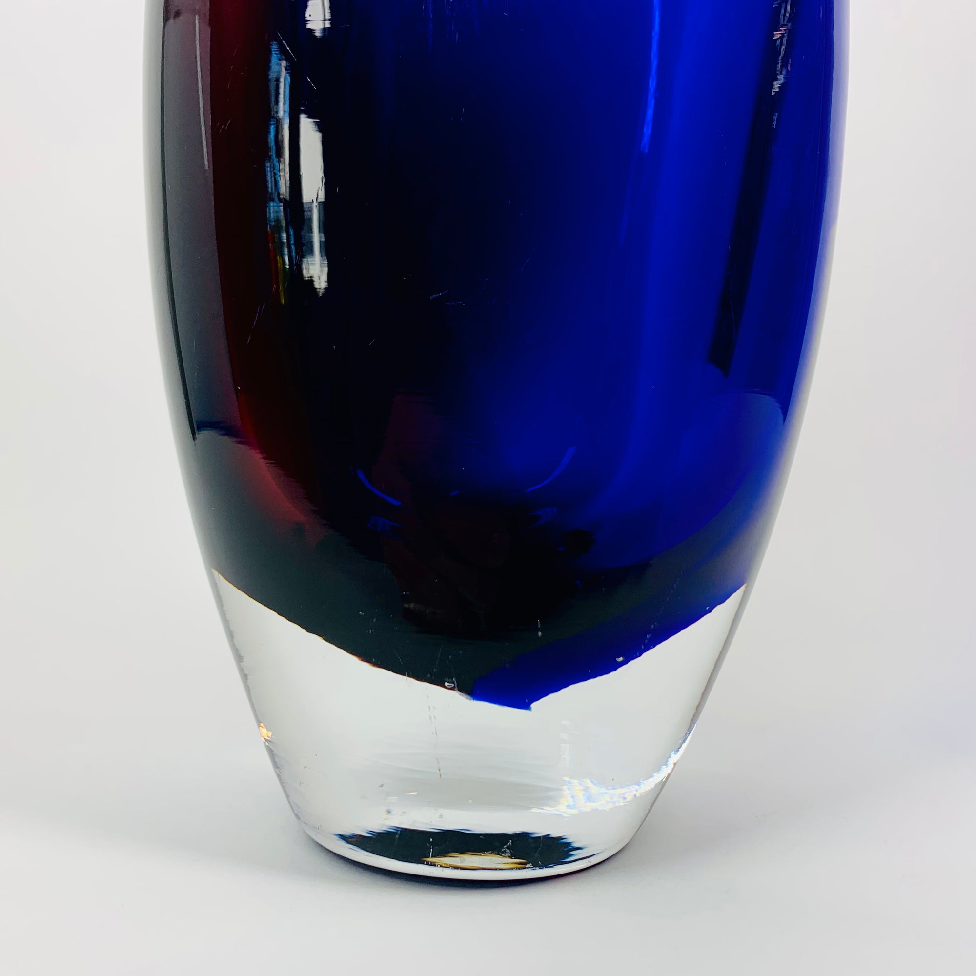 Retro Czech hand made cobalt blue purple sommerso glass bottle vase