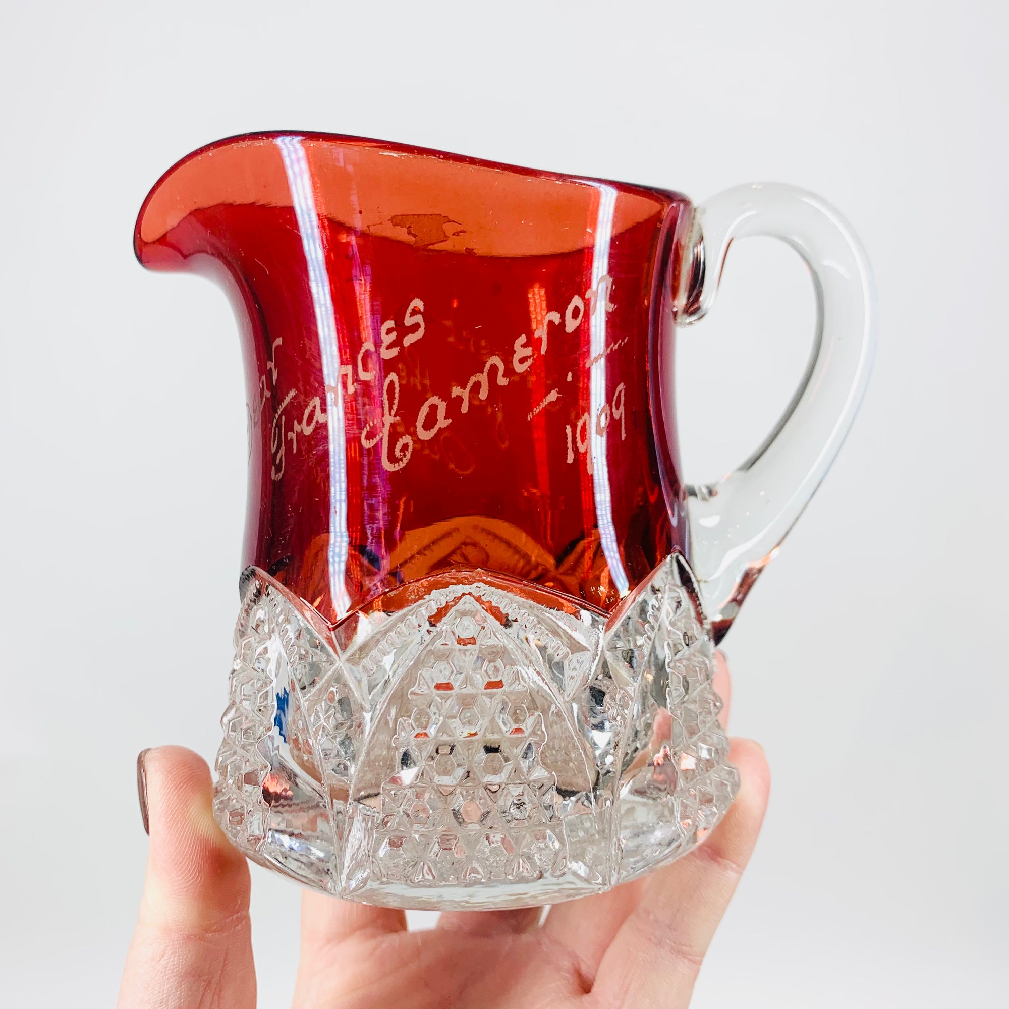 Antique ruby flashed glass with engraving