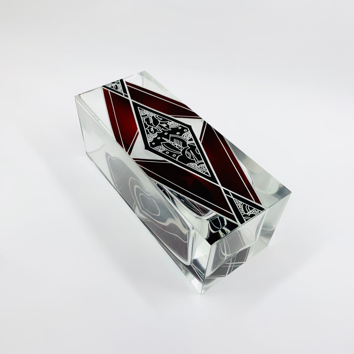 Extremely rare antique Art Deco black and ruby enamel rectangular glass vase by Karl Palda