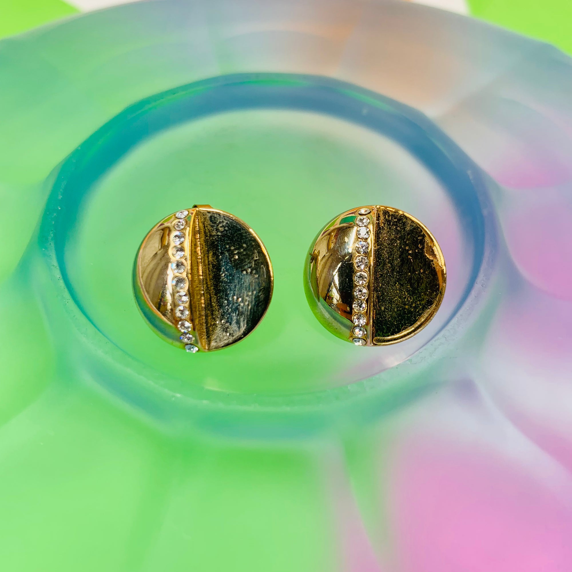 1980s French triple gold plated round stud earrings with rhinestones