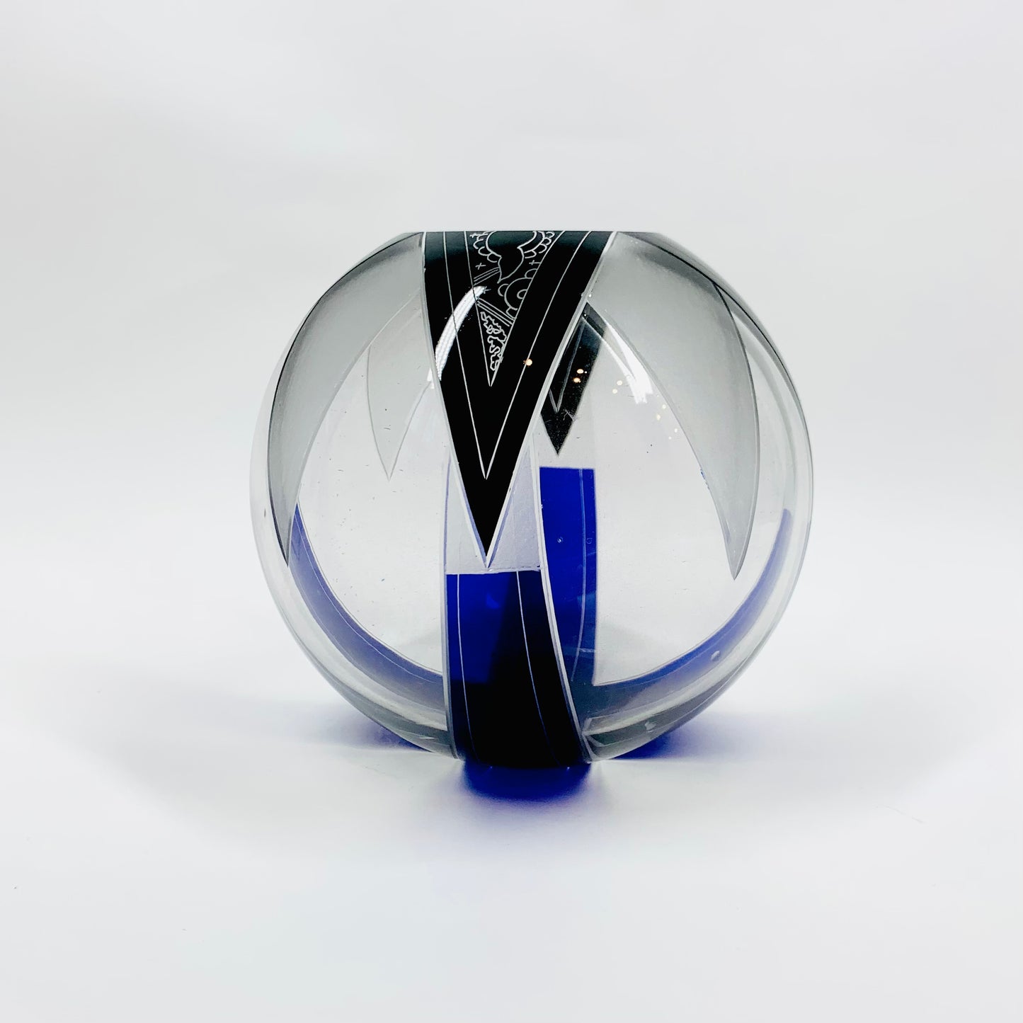 Antique Art Deco black and cobalt blue enamel globe glass posy vase by Karl Palda