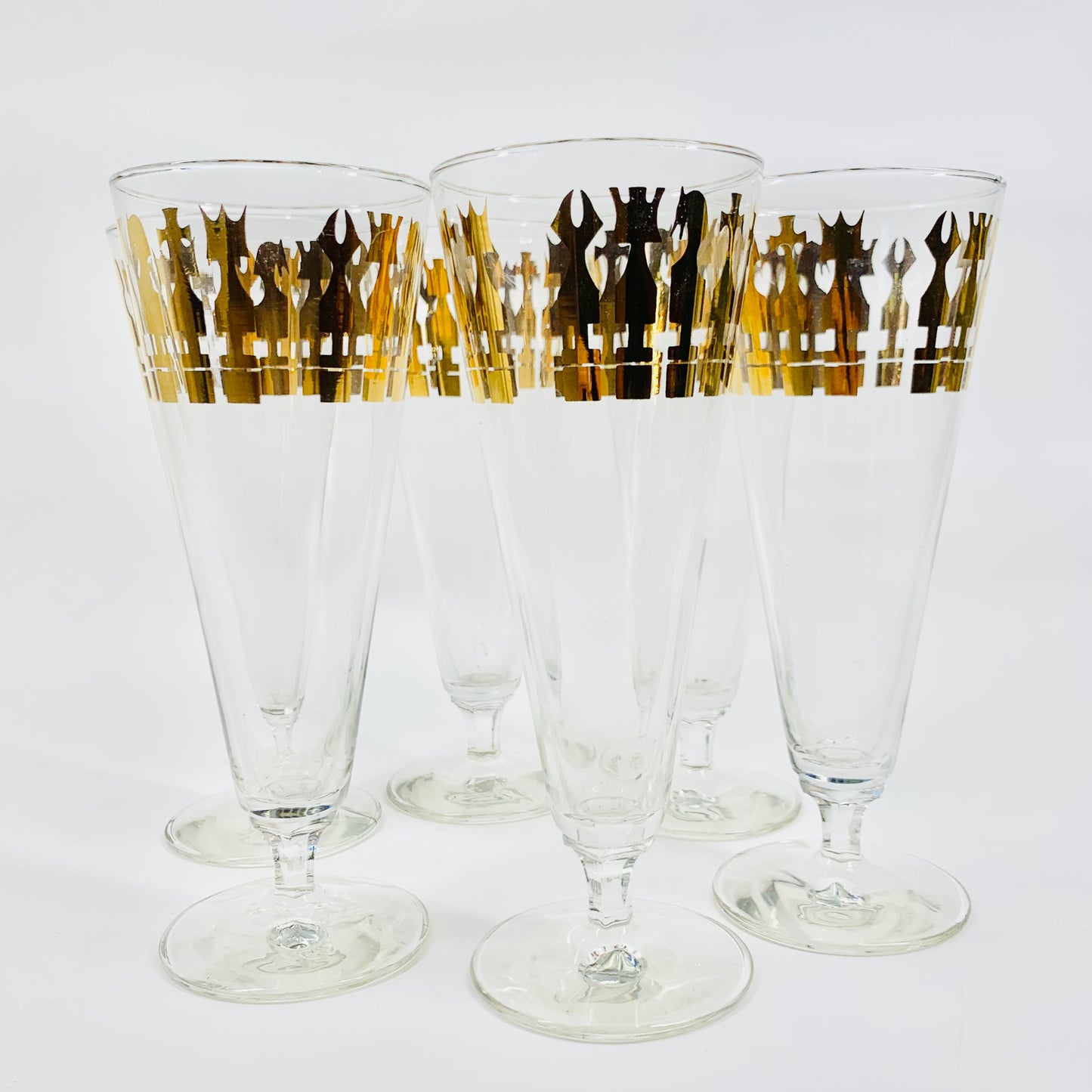 Extremely rare 1940s gold gilding clear glass champagne flutes with chess pattern