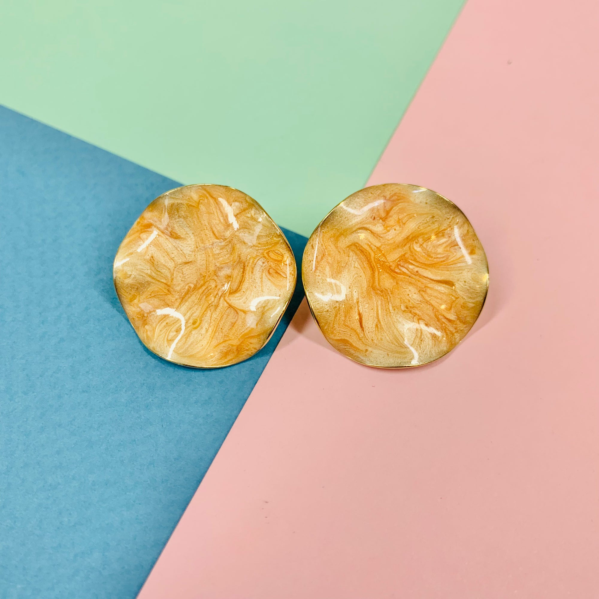 1970s Italian triple gold plated enamel button stud earrings