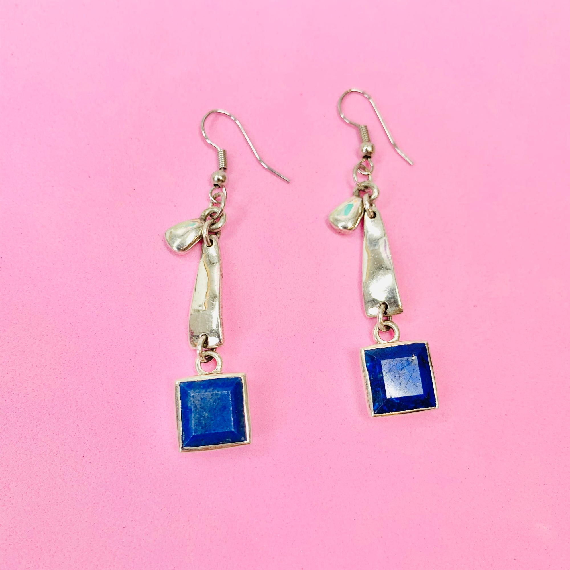Midcentury sterling silver lapis drop earrings