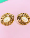 Rare stunning 1960s gold plated clip on pearl button earrings with filigree border