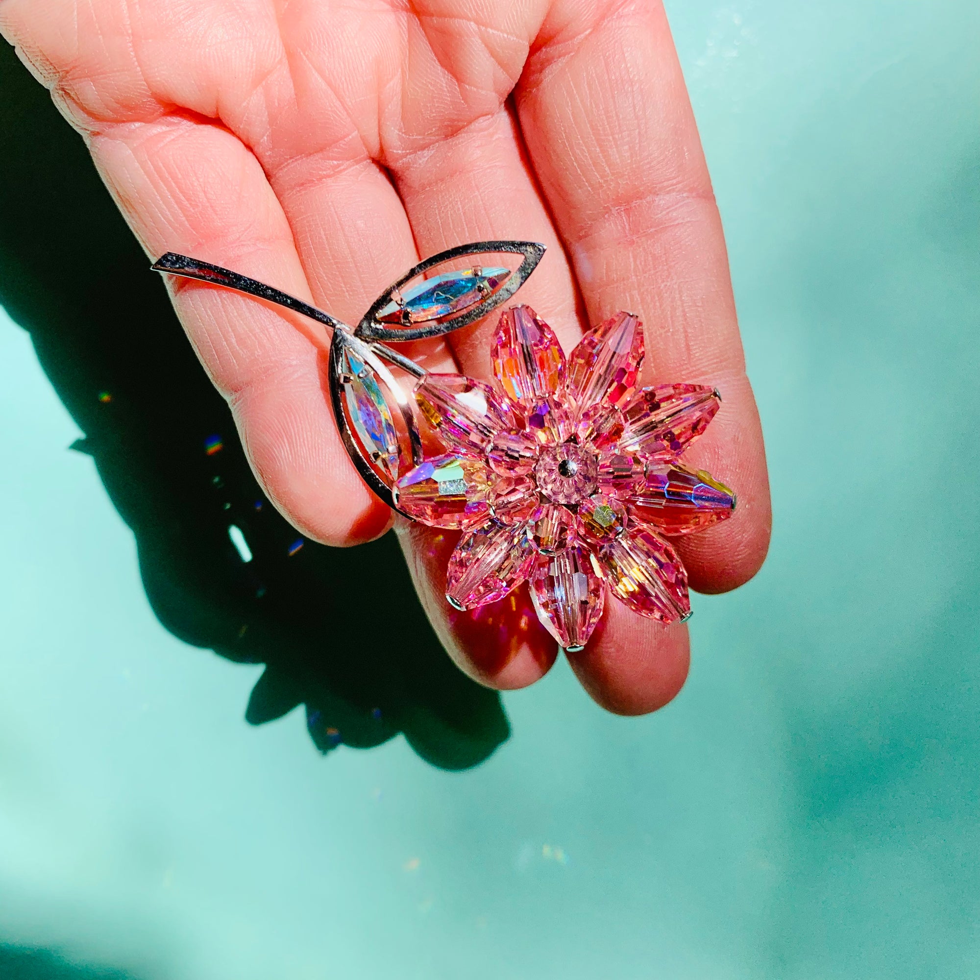 1940s costume flower brooch with pink Swarovski beads