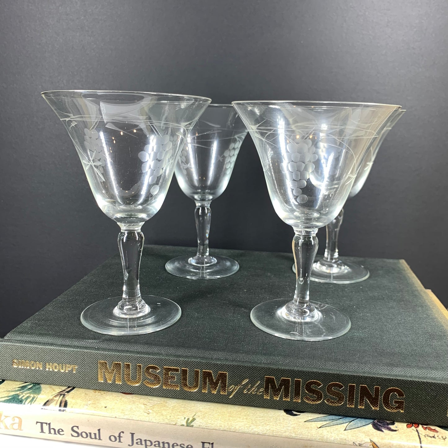1940s clear hand etched vine pattern cocktail/liqueur glasses