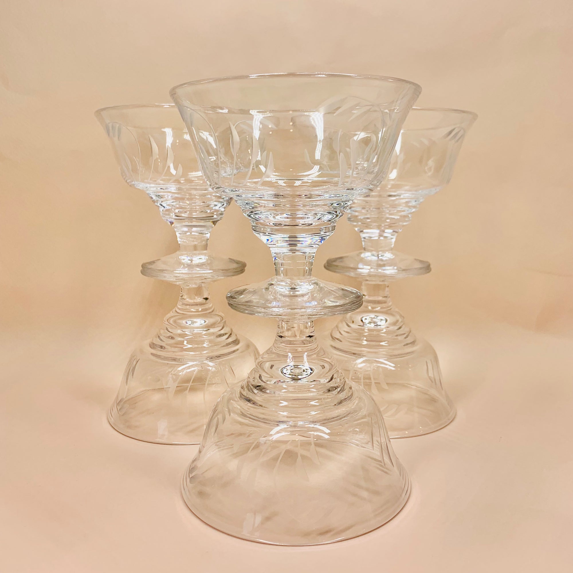 Vintage Stuart cut crystal champagne coupe with etched floral pattern