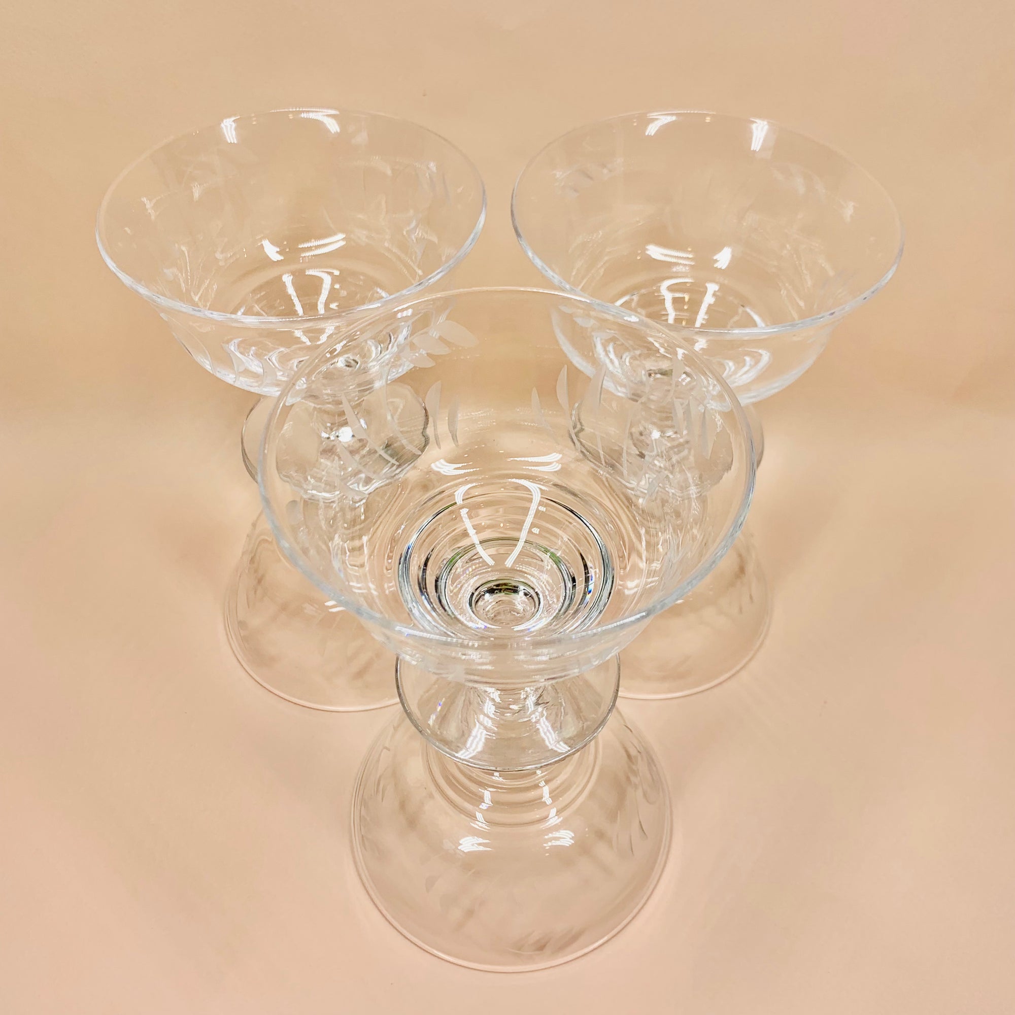 Vintage Stuart cut crystal champagne coupe with etched floral pattern