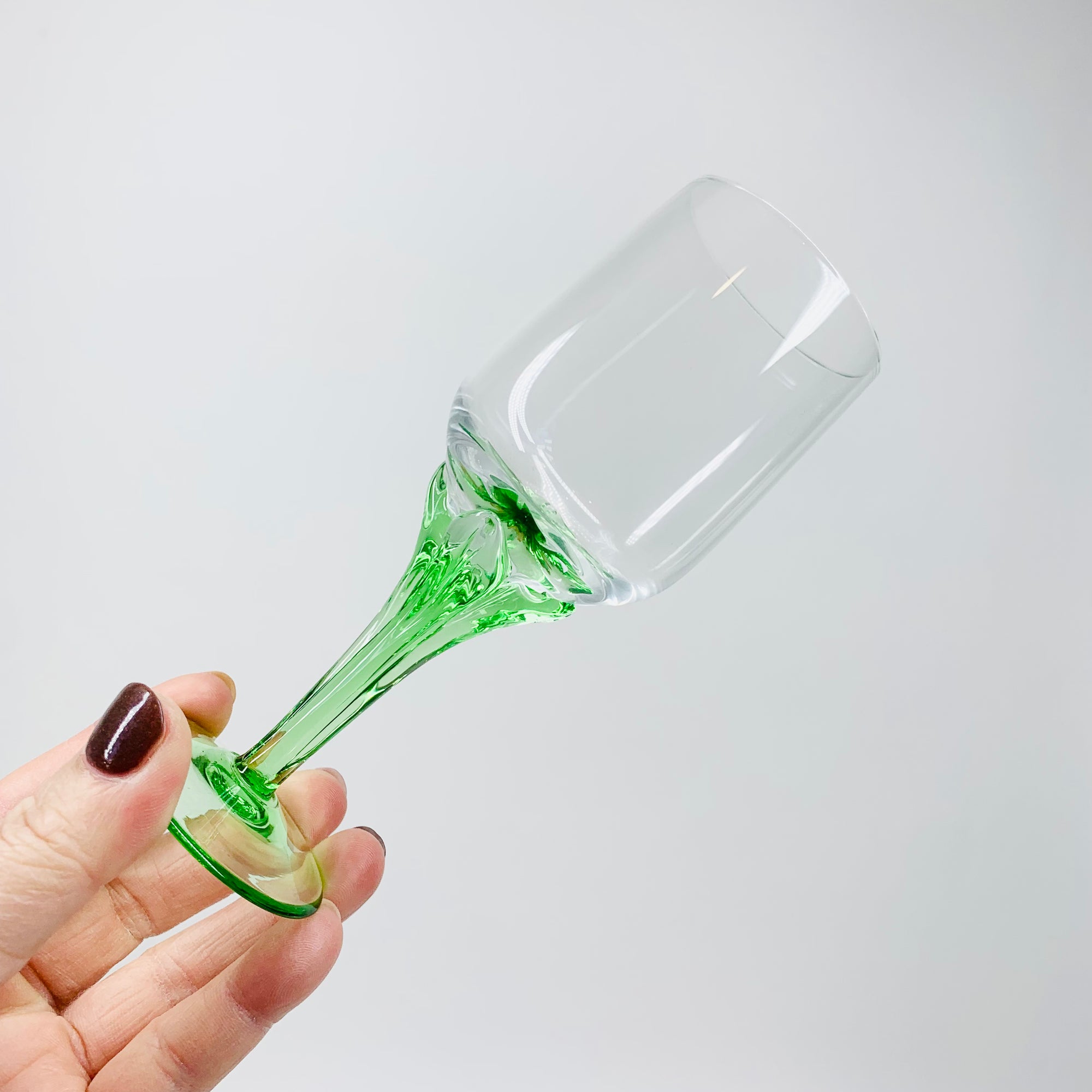 Midcentury twist green stem liqueur glasses