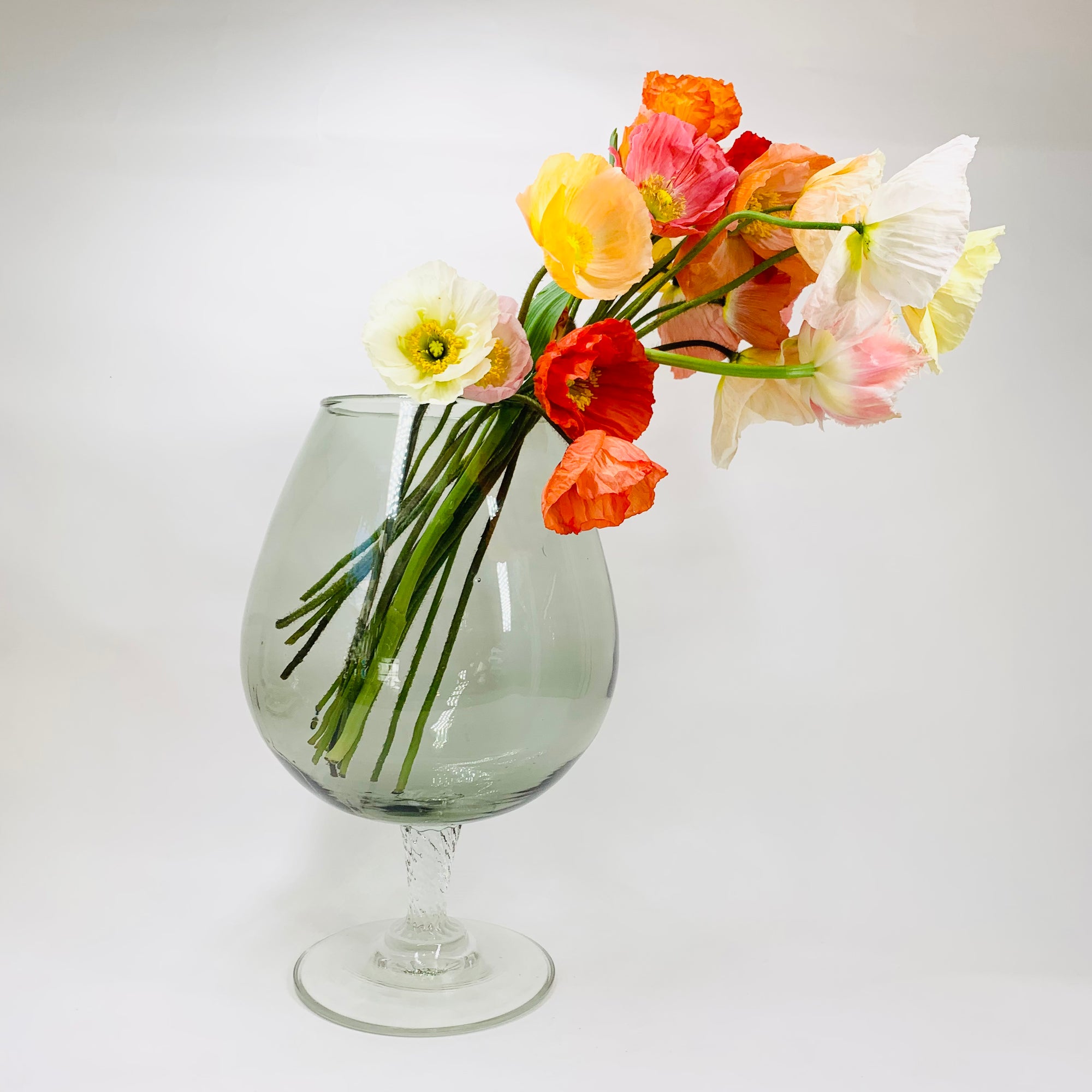 Huge Midcentury Italian grey glass brandy balloon vase with clear stem