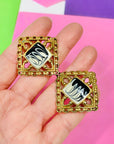 1960s brass filigree black & white enamel clip on earrings