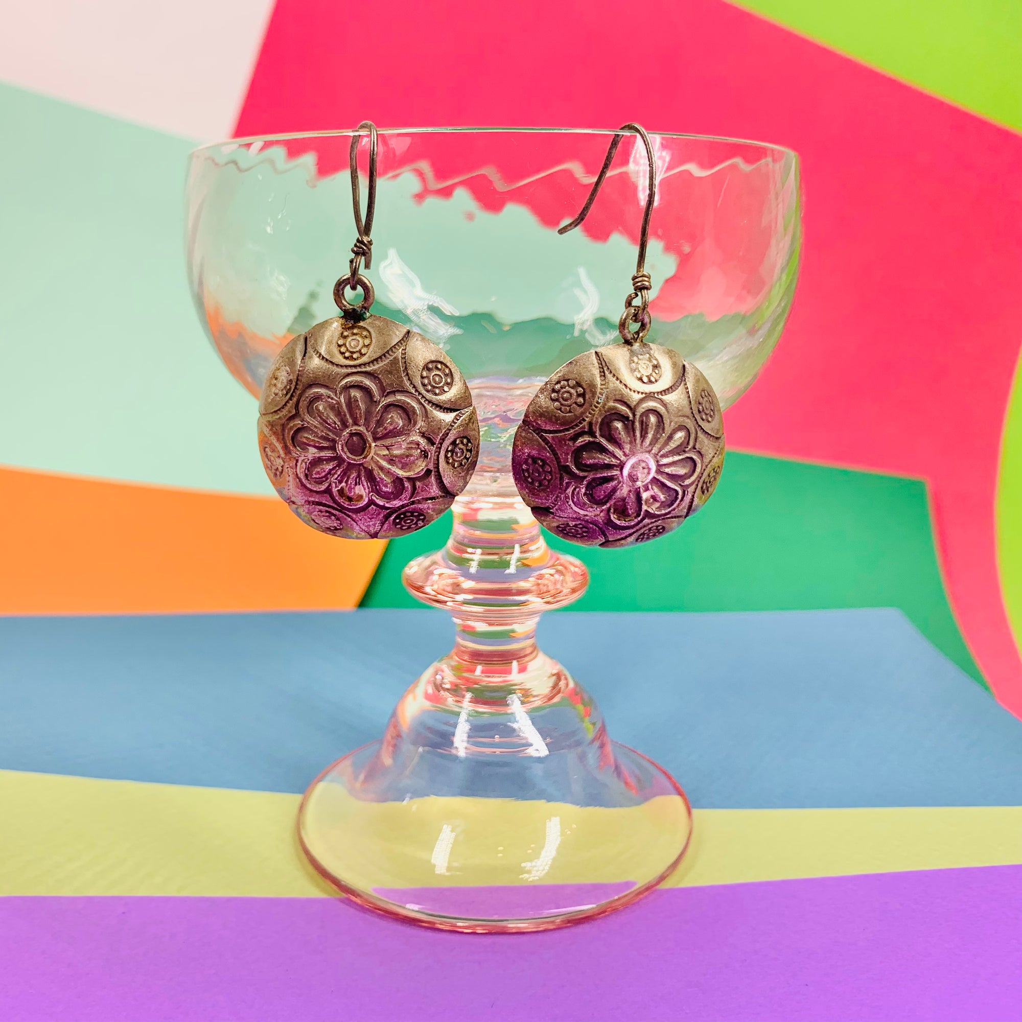 Vintage pressed silver flower drop earrings