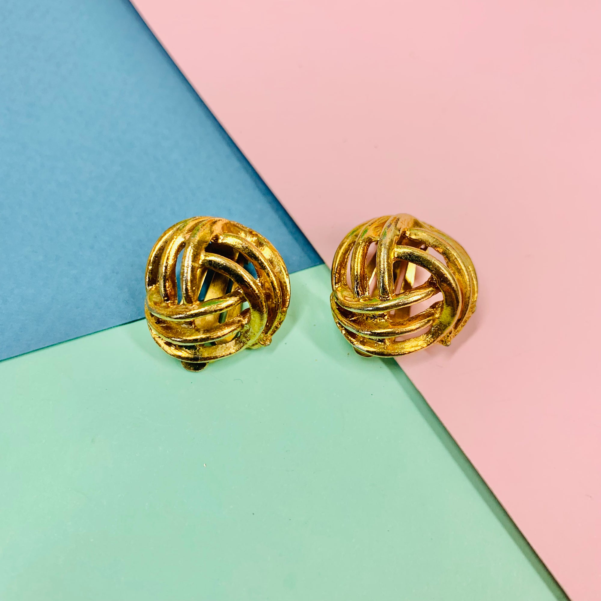 Rare 1960s French triple gold plated knot clip on earrings