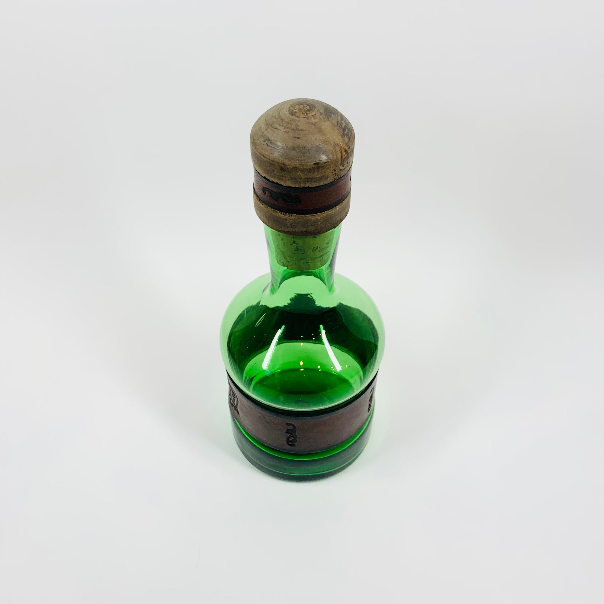Rare Midcentury Italian green glass set with detachable leather sleeves