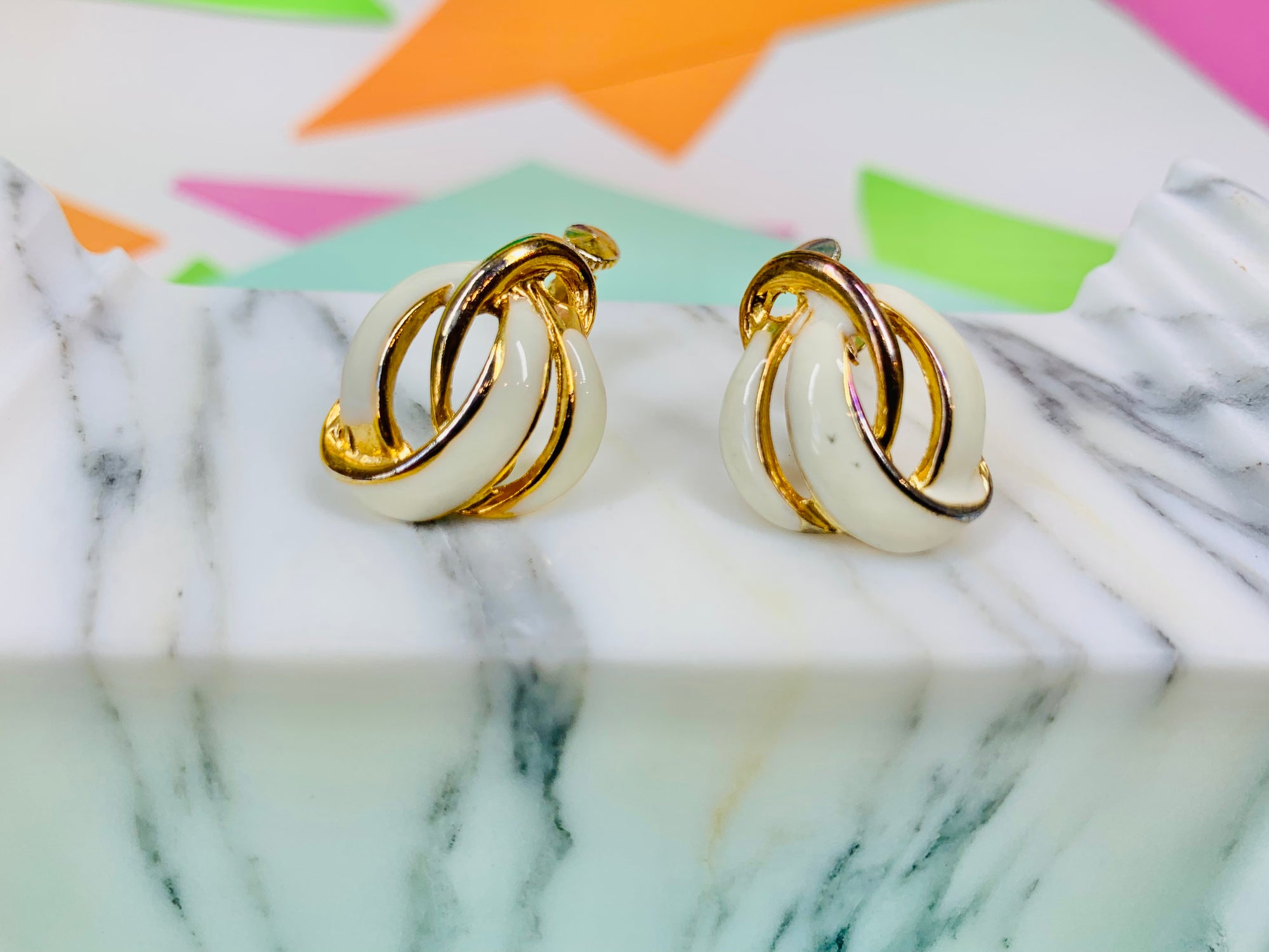 Rare 1960s Italian triple gold plated white enamel knot screw back clip on earrings